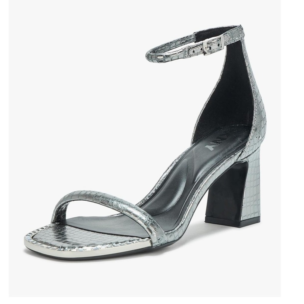 DKNY Womens Silver Metallic Croc Embossed Block‎ Heel Sandal K4432482 Size 7M